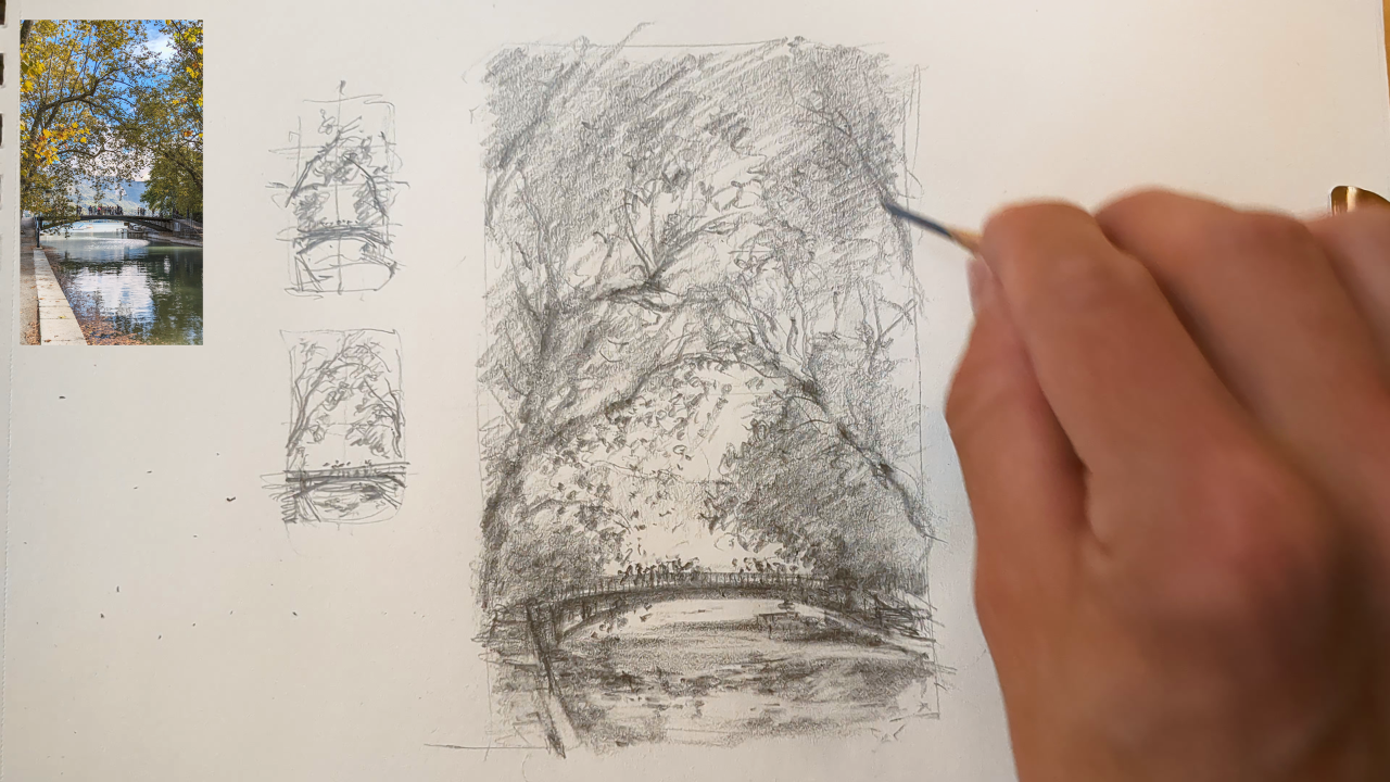 Pont-des-amours-dessin-au-crayon-Atelier-de-Vivien-Cours-de-dessin-Aix-en-Provence